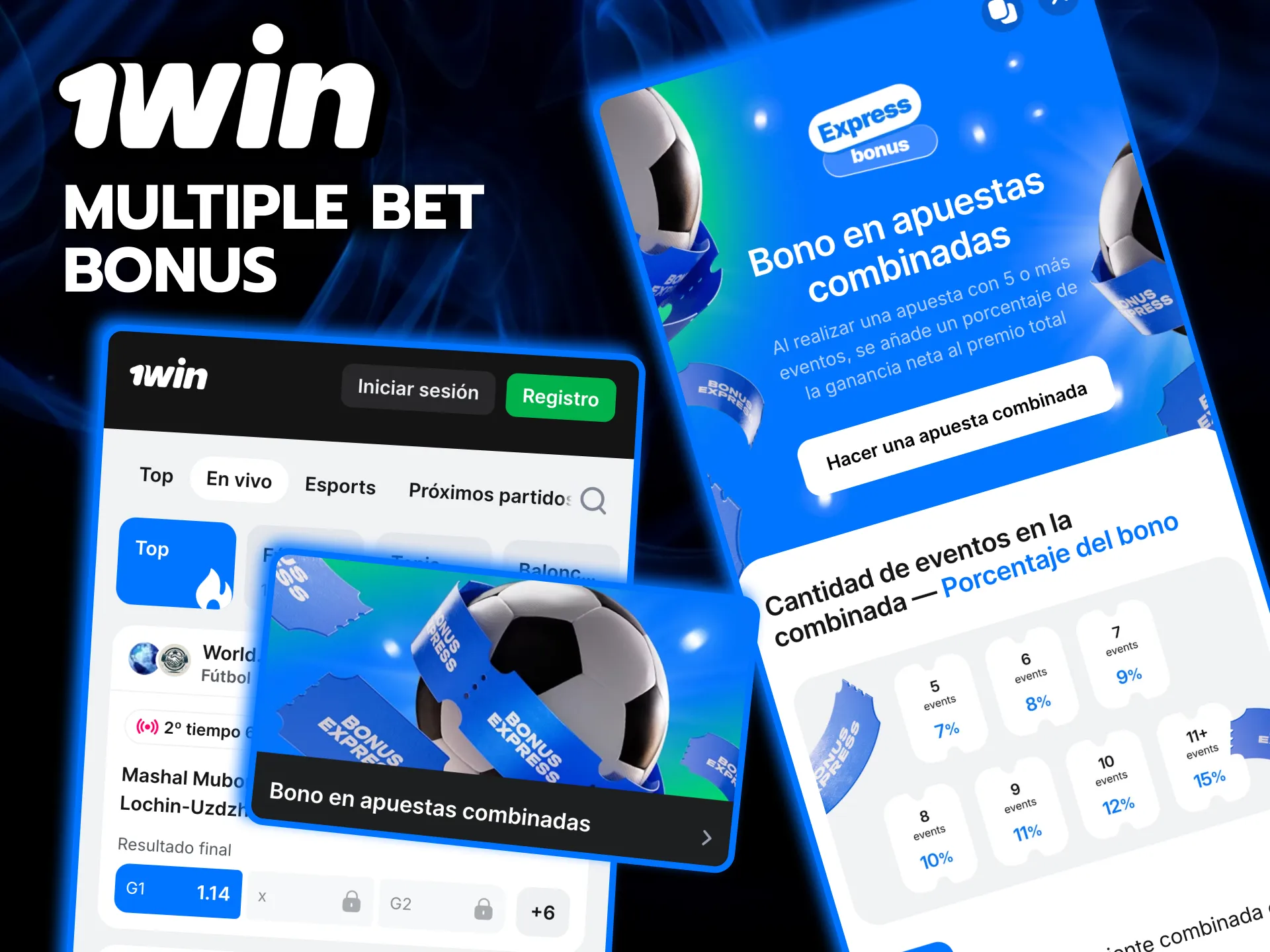 Apuesta múltiple en 1win con porcentaje adicional de premio.